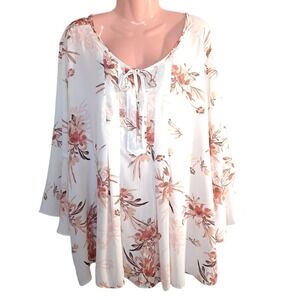 Emaline Woman Women's Blouse 2X Ivory Floral‎ 3/4 Sleeve Tie Front